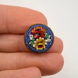 Vintage Micro Mosaic Pendant Bouquet Red Yellow Roses Blue Tile Background